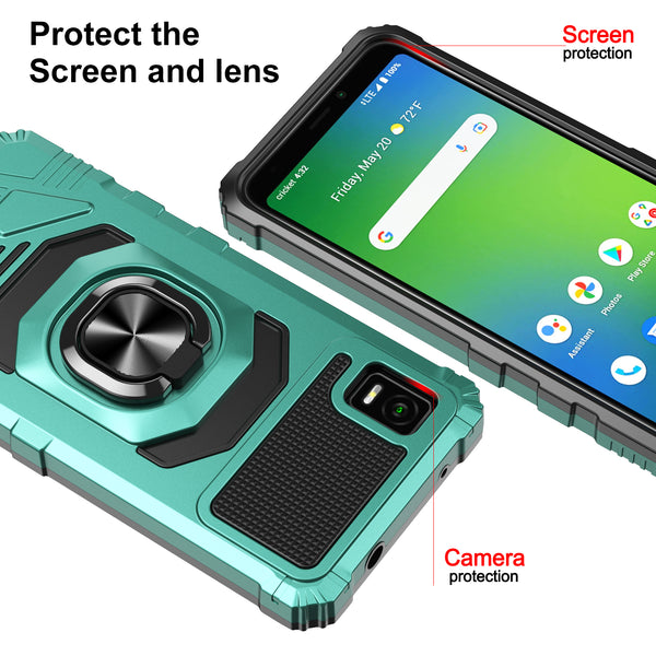 For Cricket Vision Plus Case [Military Grade] Ring Car Mount Kickstand w/[Tempered Glass] Hybrid Hard PC Soft TPU Shockproof Protective Case - Teal