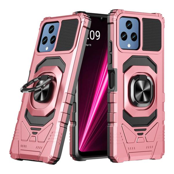 T-Mobile REVVL 6 5G Case [Military Grade] Ring Car Mount Kickstand w/[Tempered Glass] Hybrid Hard PC Soft TPU Shockproof Protective Case - Rose Gold