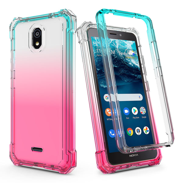 For Nokia C100 Case with Temper Glass Screen Protector Full-Body Rugged Protection - Clear/Teal/Pink