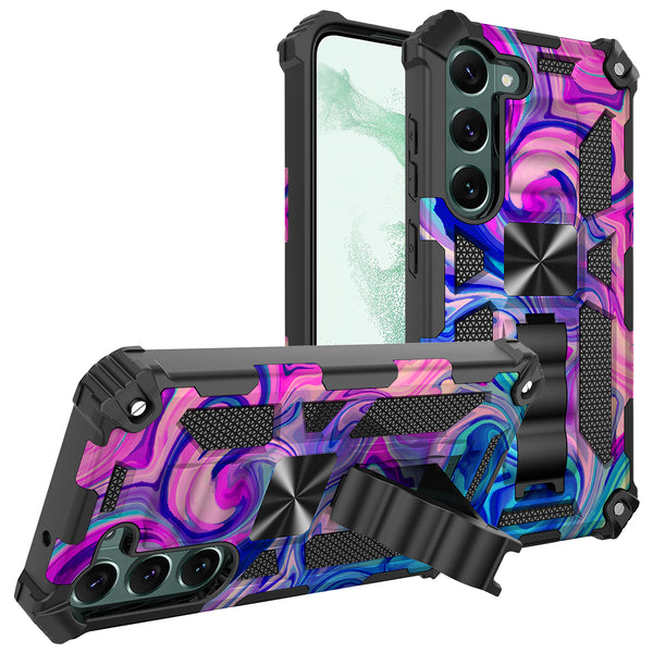 For Samsung Galaxy S23 Plus Case [Military Grade] Ring Car Mount Kickstand w/[Tempered Glass] Hybrid Hard PC Soft TPU Shockproof Protective Case -Rainbow Camo