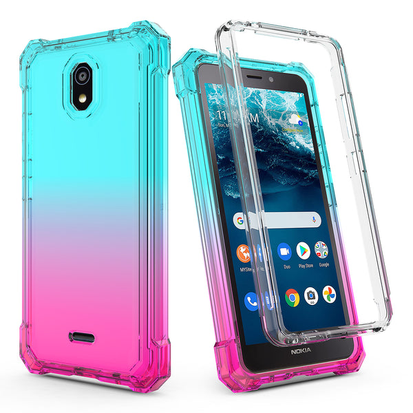 For Nokia C100 Case with Temper Glass Screen Protector Full-Body Rugged Protection - Pink/Teal