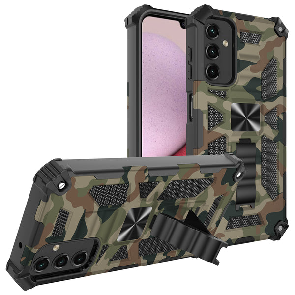 For Samsung Galaxy A14 5G Case [Military Grade] Ring Car Mount Kickstand w/[Tempered Glass] Hybrid Hard PC Soft TPU Shockproof Protective Case - Green Camo