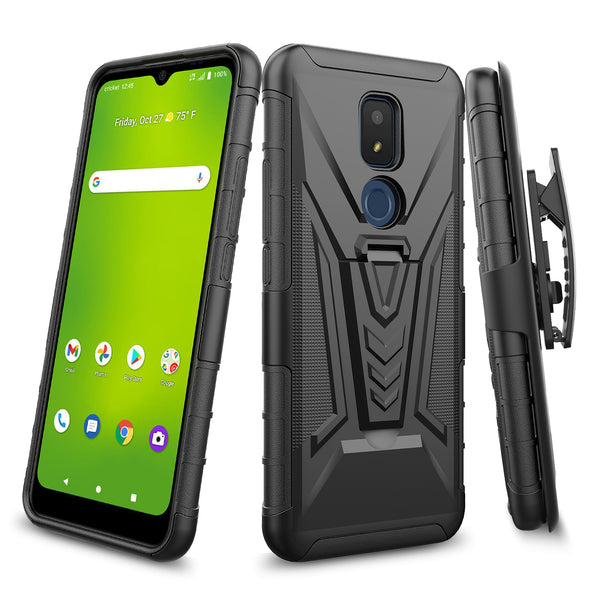 holster kickstand hyhrid phone case for cricket iocn 3 - black - www.coverlabusa.com