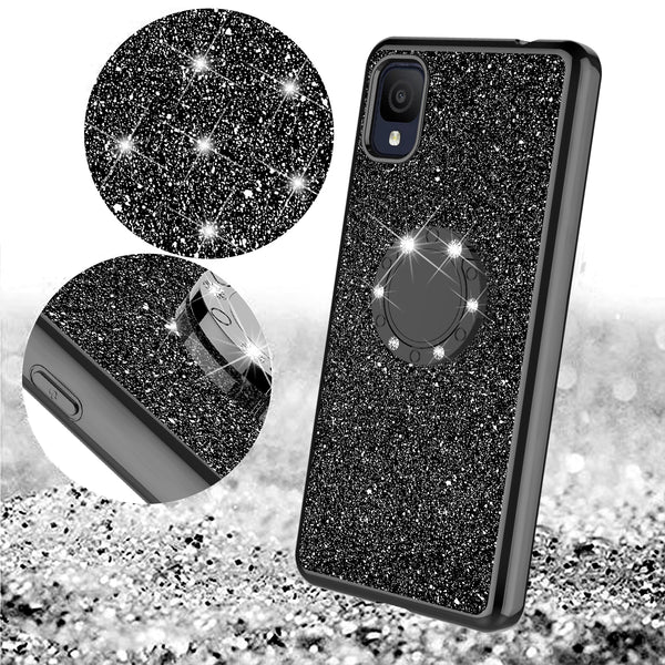 For TCL Ion Z Case, Glitter Cute Phone Case Girls with Kickstand,Bling Diamond Rhinestone Bumper Ring Stand Sparkly Luxury Clear Thin Soft Protective TCL Ion Z Case for Girl Women - Black