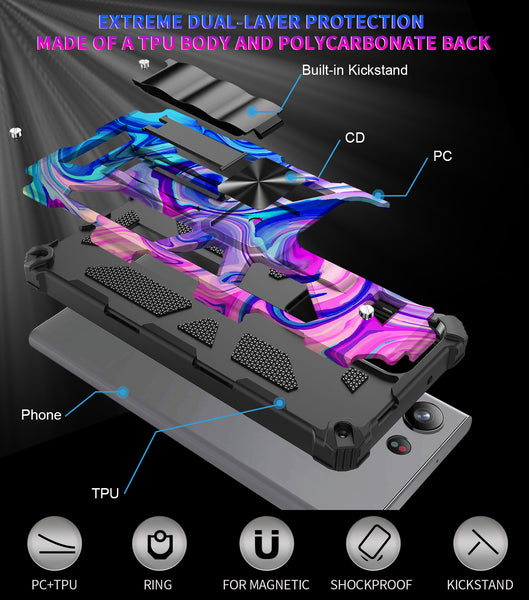 For Samsung Galaxy S23 Ultra Case [Military Grade] Ring Car Mount Kickstand w/[Tempered Glass] Hybrid Hard PC Soft TPU Shockproof Protective Case -Rainbow Camo