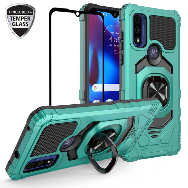 ring kickstand hyhrid phone case for motorola moto g pure - teal - www.coverlabusa.com