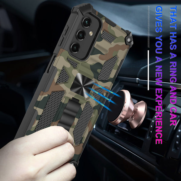 For Samsung Galaxy A14 5G Case [Military Grade] Ring Car Mount Kickstand w/[Tempered Glass] Hybrid Hard PC Soft TPU Shockproof Protective Case - Green Camo