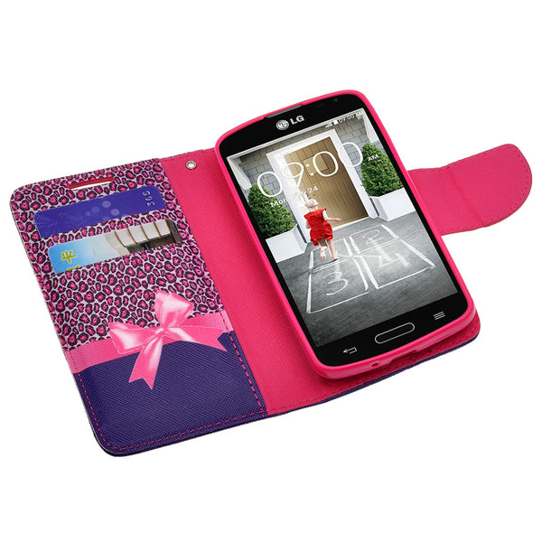 LG F70 Wallet Case [Card Slots + Money Pocket + Kickstand] and Strap - Cheetah Prints