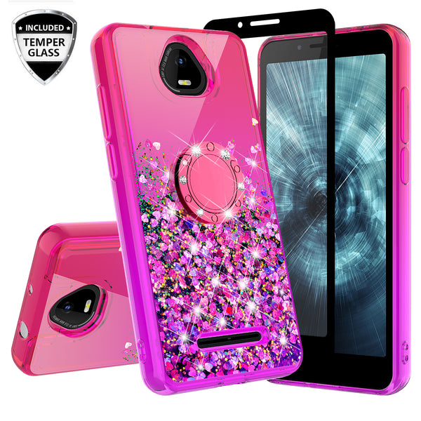 Glitter Phone Case Kickstand Compatible for Boost Schok Volt Case, SV55 Case,Ring Stand Liquid Floating Quicksand Bling Sparkle Protective Girls Women for Boost Schok Volt W/Temper Glass - (Hot Pink/Purple Gradient)