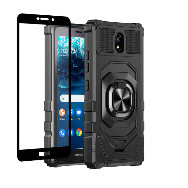 For Nokia C100 Case [Military Grade] Ring Car Mount Kickstand w/[Tempered Glass] Hybrid Hard PC Soft TPU Shockproof Protective Case - Black