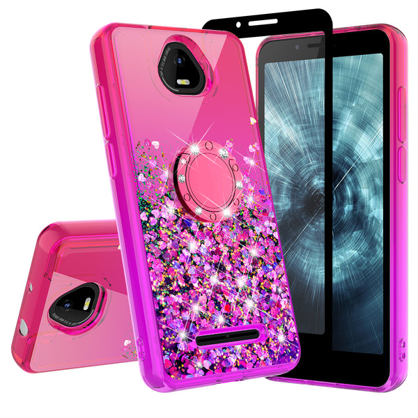 Glitter Phone Case Kickstand Compatible for Boost Schok Volt Case, SV55 Case,Ring Stand Liquid Floating Quicksand Bling Sparkle Protective Girls Women for Boost Schok Volt W/Temper Glass - (Hot Pink/Purple Gradient)