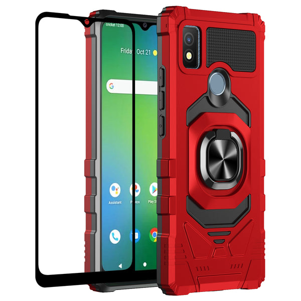 For Cricket Icon 4 Case [Military Grade] Ring Car Mount Kickstand w/[Tempered Glass] Hybrid Hard PC Soft TPU Shockproof Protective Case - Red