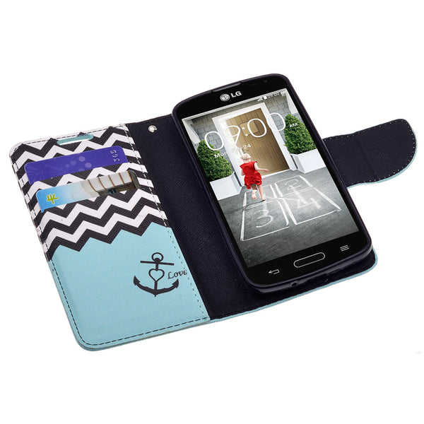 LG F70 Wallet Case [Card Slots + Money Pocket + Kickstand] and Strap - Teal Anchor
