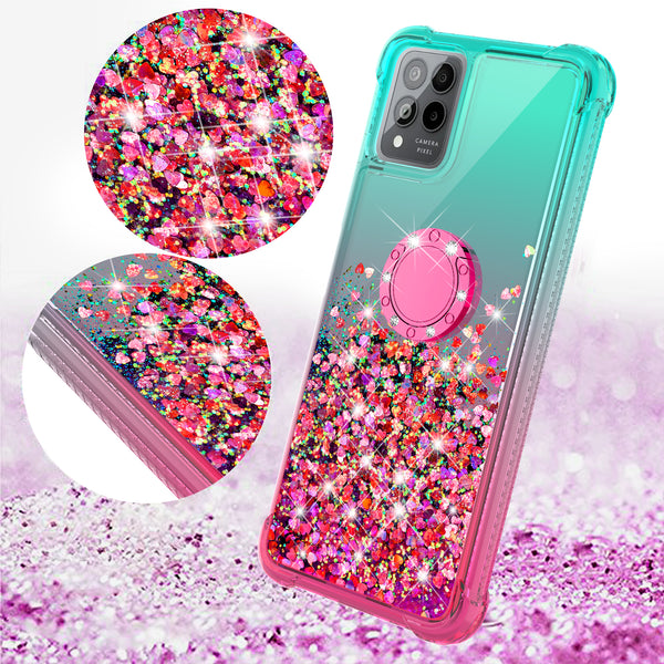 Glitter Phone Case Kickstand Compatible for T-Mobile Revvl 6 Pro 5G Case, Revvl 6 Pro 5G Case,Ring Stand Liquid Floating Quicksand Bling Sparkle Protective Girls Women for T-Mobile Revvl 6 Pro 5G W/Temper Glass - (Pink/Teal Gradient)