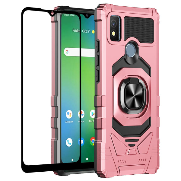 For Cricket Icon 4 Case [Military Grade] Ring Car Mount Kickstand w/[Tempered Glass] Hybrid Hard PC Soft TPU Shockproof Protective Case - Rose Gold