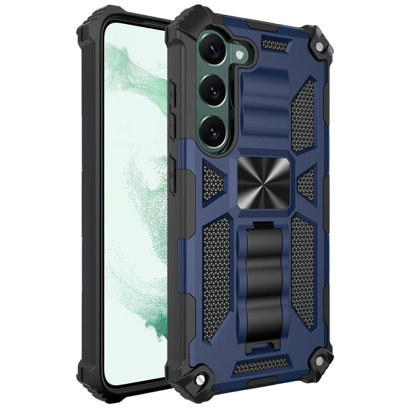 For Samsung Galaxy S23 Plus Case [Military Grade] Ring Car Mount Kickstand w/[Tempered Glass] Hybrid Hard PC Soft TPU Shockproof Protective Case -Blue