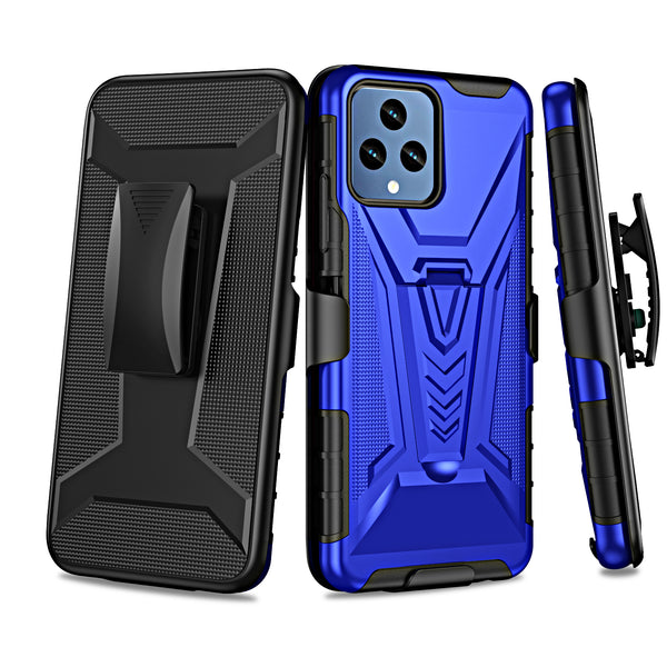 For T-Mobile REVVL 6 5G Case with Tempered Glass Screen Protector Heavy Duty Protective Phone Case,Built-in Kickstand Rugged Shockproof Protective Phone Case - Blue