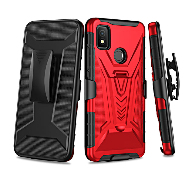 For Cricket Icon 4 Case with Tempered Glass Screen Protector Heavy Duty Protective Phone Case,Built-in Kickstand Rugged Shockproof Protective Phone Case - Red