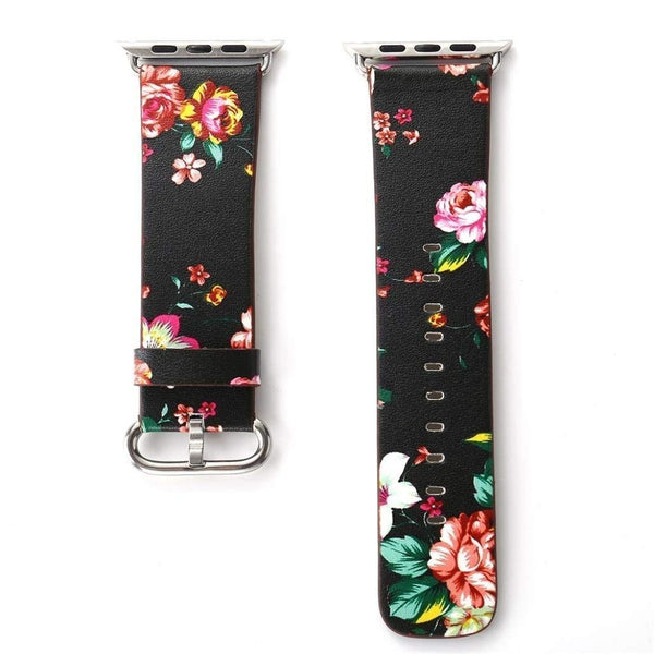 Black Floral Printed Leather Watch Band 42mm Strap - Black red flower - www.coverlabusa.com