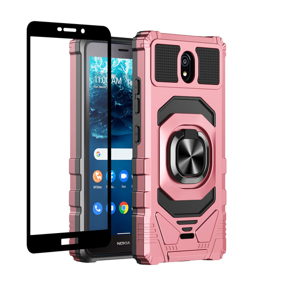 For Nokia C100 Case [Military Grade] Ring Car Mount Kickstand w/[Tempered Glass] Hybrid Hard PC Soft TPU Shockproof Protective Case - Rose Gold