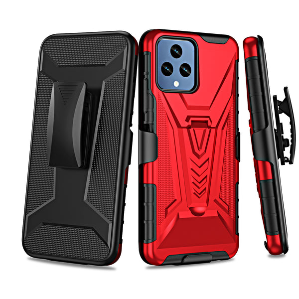 For T-Mobile REVVL 6 5G Case with Tempered Glass Screen Protector Heavy Duty Protective Phone Case,Built-in Kickstand Rugged Shockproof Protective Phone Case - Red