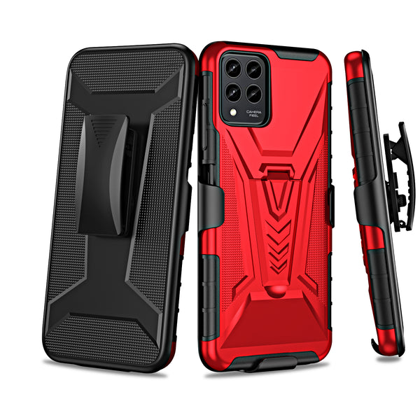 For T-Mobile REVVL 6 Pro 5G Case with Tempered Glass Screen Protector Heavy Duty Protective Phone Case,Built-in Kickstand Rugged Shockproof Protective Phone Case - Red