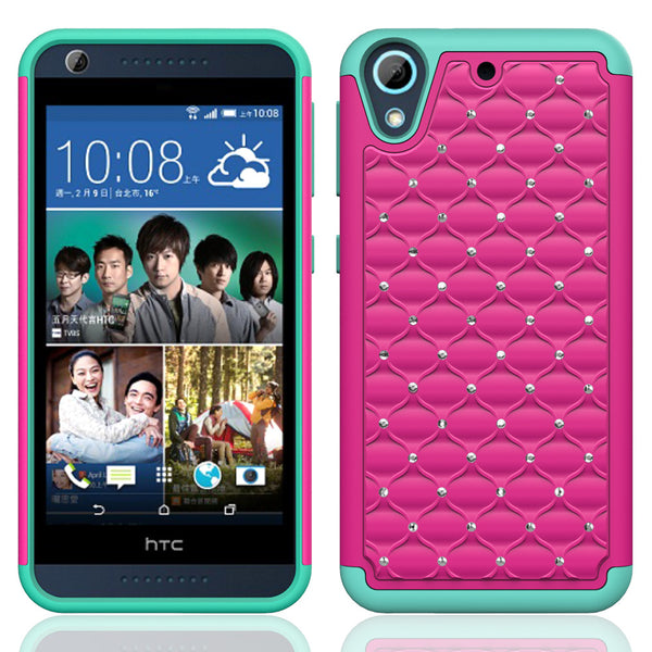 HTC Desire 626 Hybrid Rhinestone Case Cover - Hot Pink/Teal - www.coverlabusa.com 