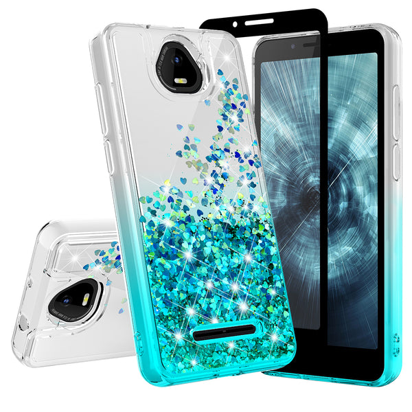 For Boost Schok Volt SV55 Case Liquid Glitter Phone Case Waterfall Floating Quicksand Bling Sparkle Cute Protective Girls Women Cover for Boost Schok Volt SV55 W/Temper Glass -  (Clear/Teal Gradient)