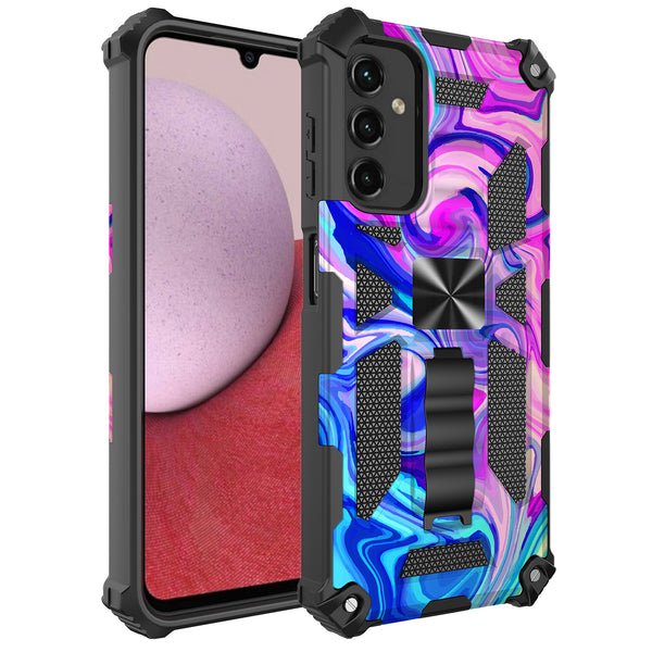 For Samsung Galaxy A14 5G Case [Military Grade] Ring Car Mount Kickstand w/[Tempered Glass] Hybrid Hard PC Soft TPU Shockproof Protective Case - Rainbow Camo