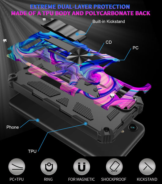 For Samsung Galaxy A14 5G Case [Military Grade] Ring Car Mount Kickstand w/[Tempered Glass] Hybrid Hard PC Soft TPU Shockproof Protective Case - Rainbow Camo