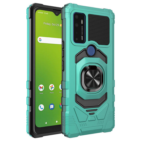 ring kickstand hyhrid phone case for cricket dream 5g - teal - www.coverlabusa.com