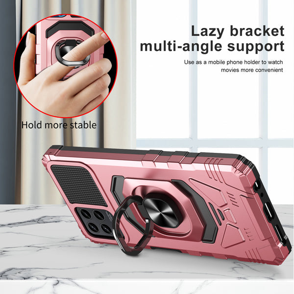 For T-Mobile REVVL 6 Pro 5G Case [Military Grade] Ring Car Mount Kickstand w/[Tempered Glass] Hybrid Hard PC Soft TPU Shockproof Protective Case - Rose Gold