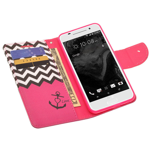 HTC One A9 Case, Wrist Strap Magnetic Fold[Kickstand] Pu Leather Wallet Case with ID & Credit Card Slots for HTC One A9 - Hot Pink Anchor