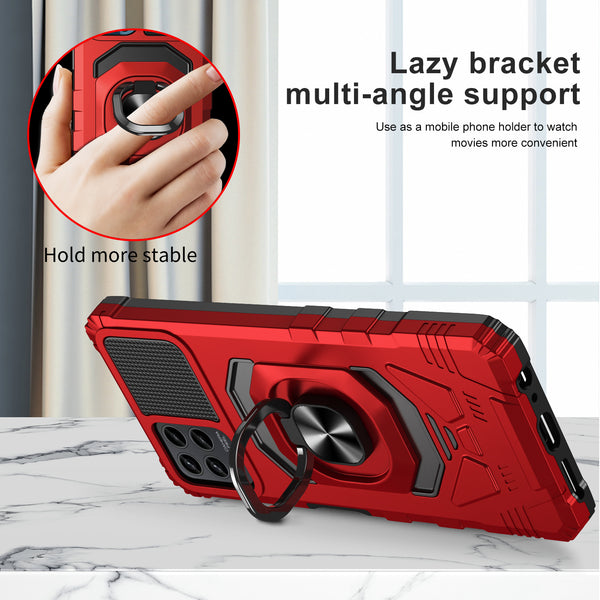 For T-Mobile REVVL 6 Pro 5G Case [Military Grade] Ring Car Mount Kickstand w/[Tempered Glass] Hybrid Hard PC Soft TPU Shockproof Protective Case - Red