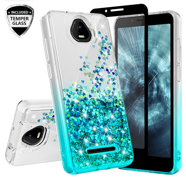 For Boost Schok Volt SV55 Case Liquid Glitter Phone Case Waterfall Floating Quicksand Bling Sparkle Cute Protective Girls Women Cover for Boost Schok Volt SV55 W/Temper Glass -  (Clear/Teal Gradient)