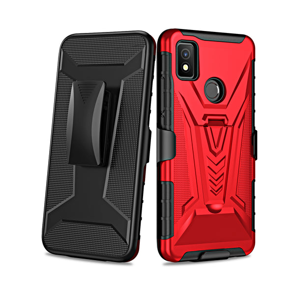 For Cricket Icon 4 Case with Tempered Glass Screen Protector Heavy Duty Protective Phone Case,Built-in Kickstand Rugged Shockproof Protective Phone Case - Red