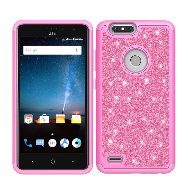 ZTE Sequoia Case, Blade Z Max, ZTE Z982 Glitter Bling Heavy Duty Shock Proof Hybrid Case with [HD Screen Protector] Dual Layer Protective Phone Case Cover for ZTE Sequoia, ZTE Blade Z Max, ZTE Z982 - Hot Pink