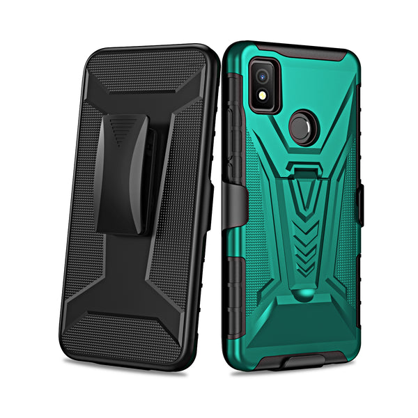 For Cricket Icon 4 Case with Tempered Glass Screen Protector Heavy Duty Protective Phone Case,Built-in Kickstand Rugged Shockproof Protective Phone Case - Teal