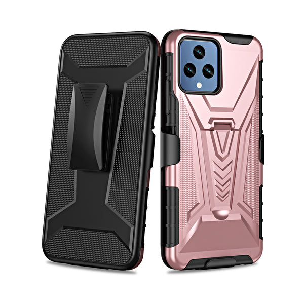 For T-Mobile REVVL 6 5G Case with Tempered Glass Screen Protector Heavy Duty Protective Phone Case,Built-in Kickstand Rugged Shockproof Protective Phone Case - Rose Gold