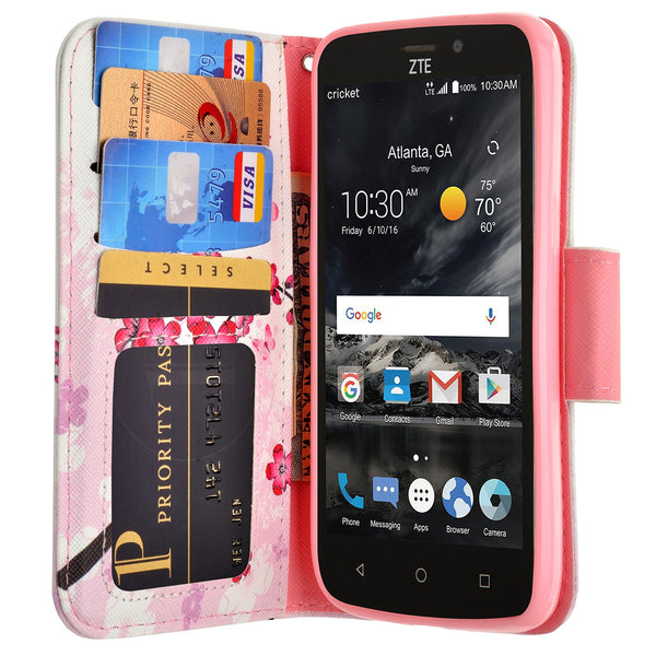 ZTE Prestige 2 Wallet Case [Card Slots + Money Pocket + Kickstand] and Strap - Cherry Blossom