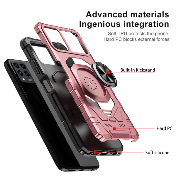 For T-Mobile REVVL 6 Pro 5G Case [Military Grade] Ring Car Mount Kickstand w/[Tempered Glass] Hybrid Hard PC Soft TPU Shockproof Protective Case - Rose Gold