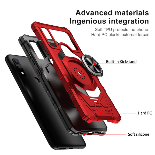 For AT&T Maestro 3 Case [Military Grade] Ring Car Mount Kickstand w/[Tempered Glass] Hybrid Hard PC Soft TPU Shockproof Protective Case - Red