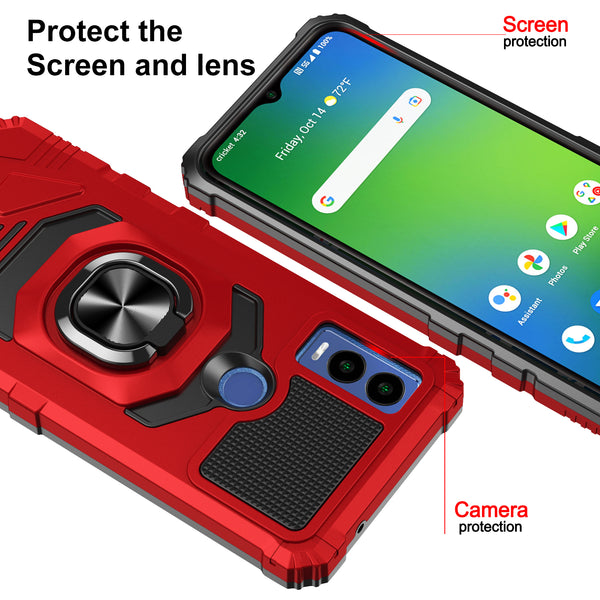 For Cricket Innovate E 5G Case [Military Grade] Ring Car Mount Kickstand w/[Tempered Glass] Hybrid Hard PC Soft TPU Shockproof Protective Case - Red