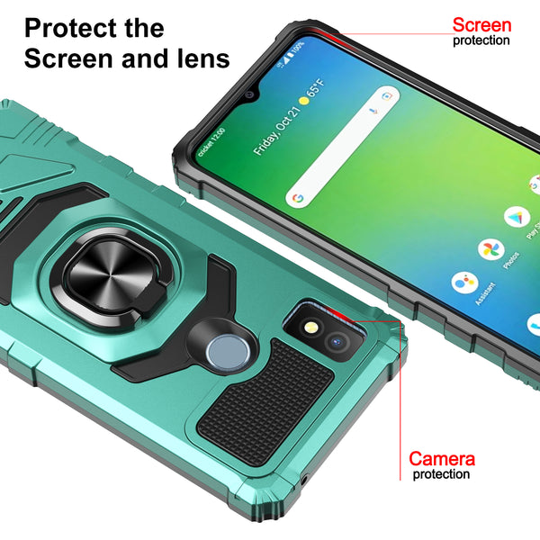 For Cricket Icon 4 Case [Military Grade] Ring Car Mount Kickstand w/[Tempered Glass] Hybrid Hard PC Soft TPU Shockproof Protective Case - Teal