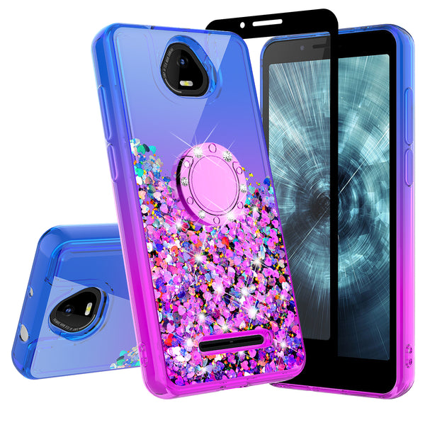 Glitter Phone Case Kickstand Compatible for Boost Schok Volt Case, SV55 Case,Ring Stand Liquid Floating Quicksand Bling Sparkle Protective Girls Women for Boost Schok Volt W/Temper Glass - (Blue/Purple Gradient)