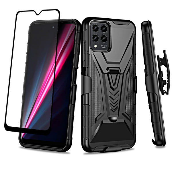 For T-Mobile REVVL 6 Pro 5G Case with Tempered Glass Screen Protector Heavy Duty Protective Phone Case,Built-in Kickstand Rugged Shockproof Protective Phone Case - Black