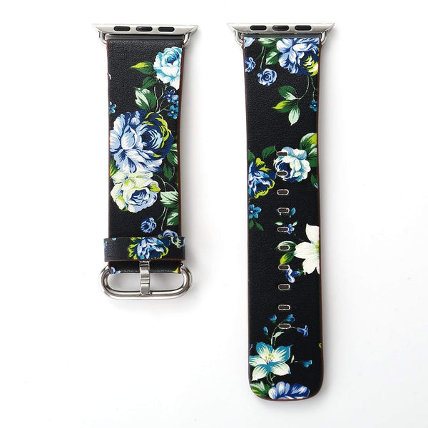 Black Floral Printed Leather Watch Band 42mm Strap - Black blue flower - www.coverlabusa.com