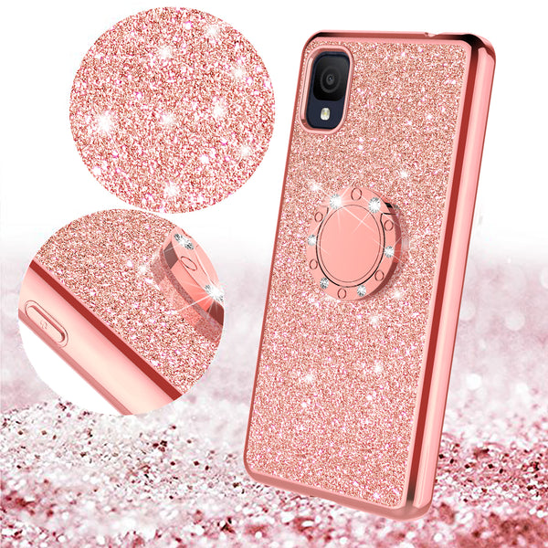 For TCL Ion Z Case, Glitter Cute Phone Case Girls with Kickstand,Bling Diamond Rhinestone Bumper Ring Stand Sparkly Luxury Clear Thin Soft Protective TCL Ion Z Case for Girl Women - Rose Gold