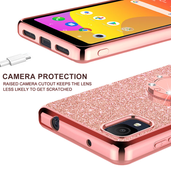 For TCL 30Z 30LE Case, Glitter Cute Phone Case Girls with Kickstand,Bling Diamond Rhinestone Bumper Ring Stand Sparkly Luxury Clear Thin Soft Protective TCL 30Z 30LE Case for Girl Women - Rose Gold