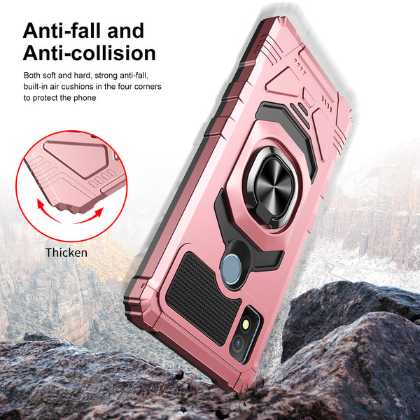 For Cricket Icon 4 Case [Military Grade] Ring Car Mount Kickstand w/[Tempered Glass] Hybrid Hard PC Soft TPU Shockproof Protective Case - Rose Gold